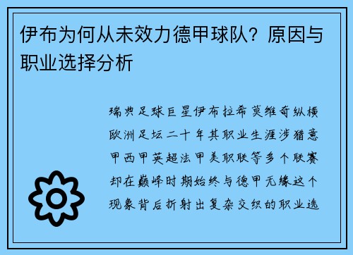 伊布为何从未效力德甲球队？原因与职业选择分析