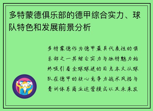 多特蒙德俱乐部的德甲综合实力、球队特色和发展前景分析